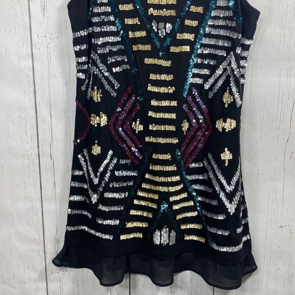 Logo By Lori Goldstein Sleeveless Sequins Black Multi Festive Tunic Top - Picture 7 of 12